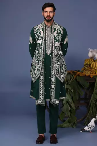 Haiz pichwai resham bottle green kurta 1 jacket set