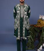 Haiz pichwai resham bottle green kurta 1 jacket set