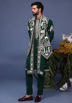 Haiz pichwai resham bottle green kurta 1 jacket set 2