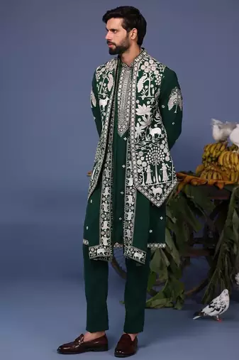 Haiz pichwai resham bottle green kurta 1 jacket set