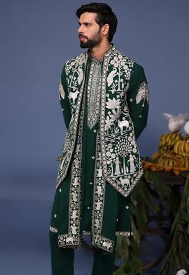 Haiz pichwai resham bottle green kurta 1 jacket set 3