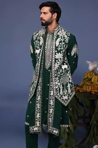 Haiz pichwai resham bottle green kurta 1 jacket set
