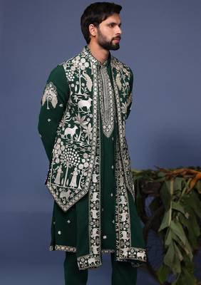 Haiz pichwai resham bottle green kurta 1 jacket set 4