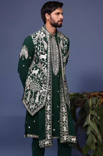 Haiz pichwai resham bottle green kurta 1 jacket set