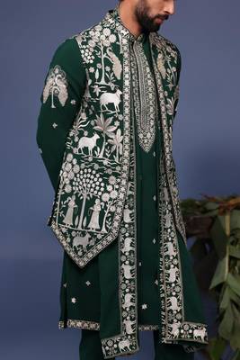 Haiz pichwai resham bottle green kurta 1 jacket set 5