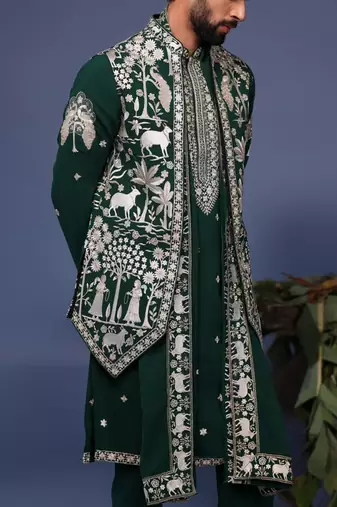 Haiz pichwai resham bottle green kurta 1 jacket set