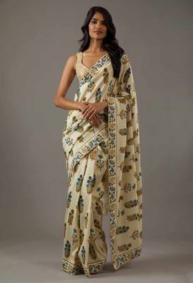 Beige bright moss printed saree 1