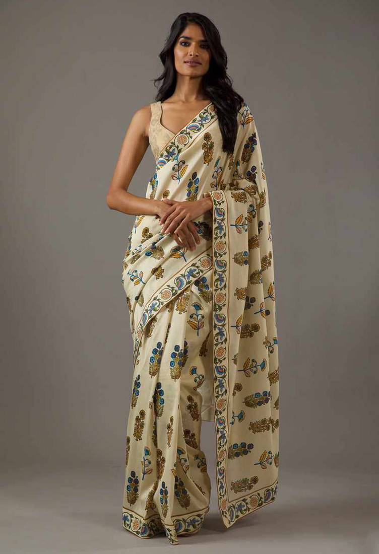 Beige bright moss printed saree