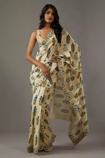 Beige bright moss printed saree