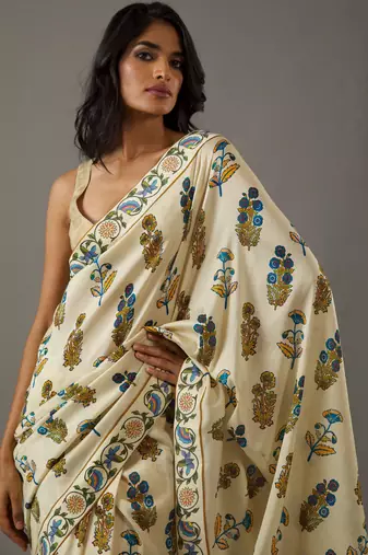 Beige bright moss printed saree