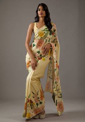 Yellow bright moss printed saree 2