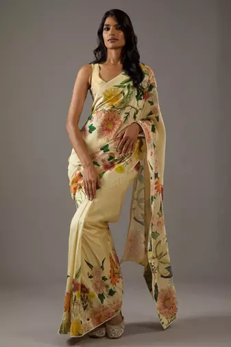 Yellow bright moss printed saree