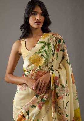 Yellow bright moss printed saree 3