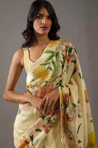 Yellow bright moss printed saree