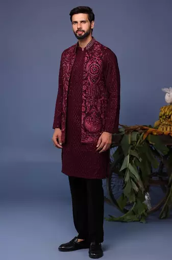 Yasir wine kurta 1 jacket set