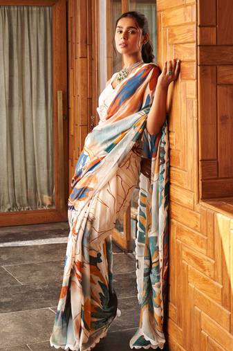 Cream bright moss printed saree