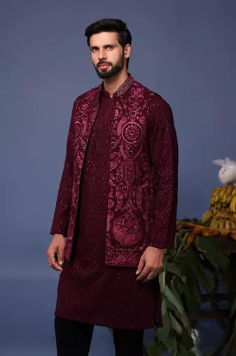 Yasir wine kurta 1 jacket set
