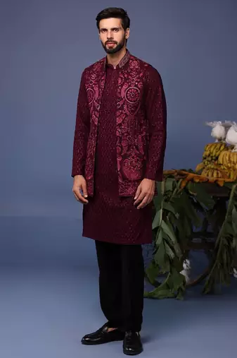 Yasir wine kurta 1 jacket set