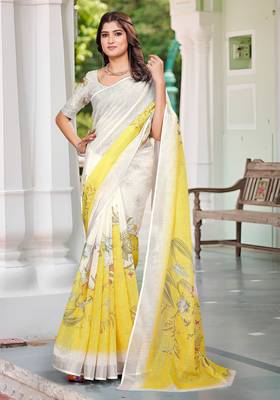 Cream linen cotton saree 1