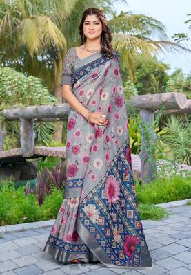 Grey linen cotton saree 1