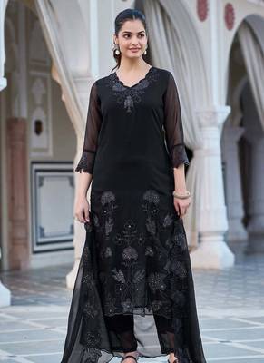 Women's  Fox Georgette Embroidery Straight Kurta with Pant and Dupatta Set 1