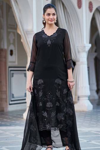 Women's Gorgeous Fox Georgette Embroidery Straight Kurta with Pant and Dupatta Set