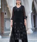 Women's Gorgeous Fox Georgette Embroidery Straight Kurta with Pant and Dupatta Set