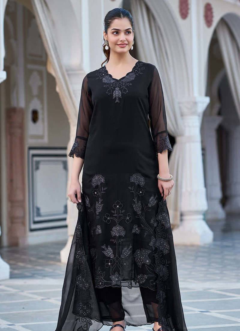 Women's Gorgeous Fox Georgette Embroidery Straight Kurta with Pant and Dupatta Set