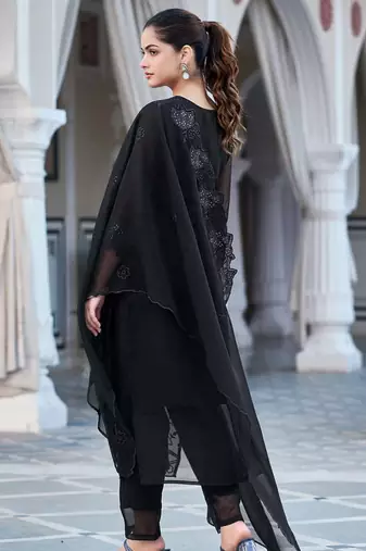 Women's  Fox Georgette Embroidery Straight Kurta with Pant and Dupatta Set
