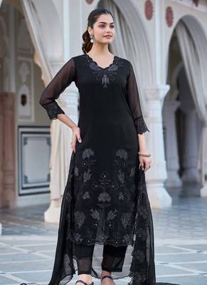 Women's  Fox Georgette Embroidery Straight Kurta with Pant and Dupatta Set 3