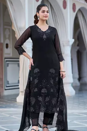 Women's  Fox Georgette Embroidery Straight Kurta with Pant and Dupatta Set