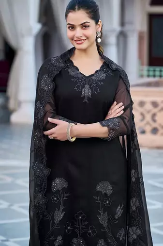 Women's  Fox Georgette Embroidery Straight Kurta with Pant and Dupatta Set