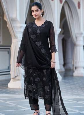 Women's  Fox Georgette Embroidery Straight Kurta with Pant and Dupatta Set 5