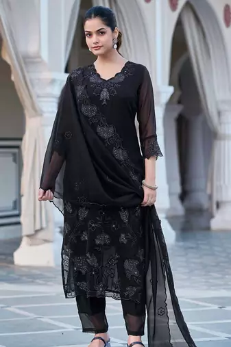 Women's  Fox Georgette Embroidery Straight Kurta with Pant and Dupatta Set