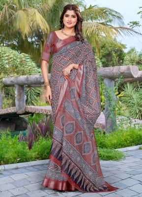 Brown linen cotton saree 1
