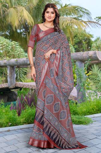 Brown linen cotton saree