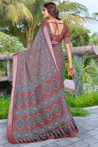 Brown linen cotton saree
