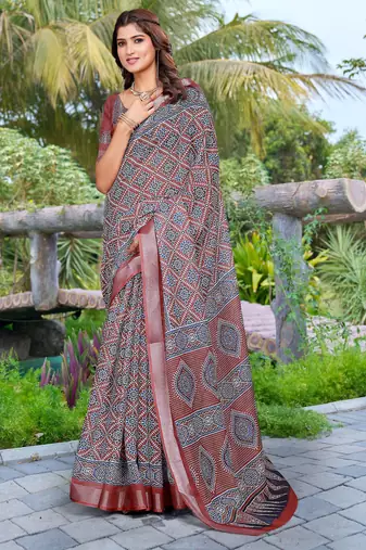 Brown linen cotton saree