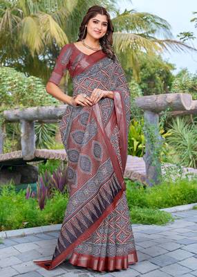 Brown linen cotton saree 5