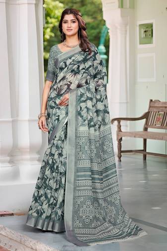 Green linen cotton saree
