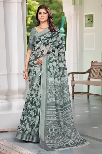 Green linen cotton saree