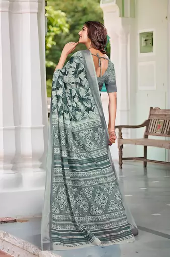 Green linen cotton saree