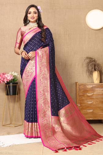 navy blue all over zari motifs silk blend saree with contrast pallu