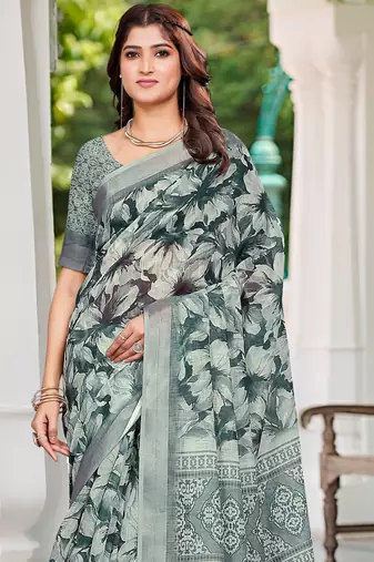 Green linen cotton saree