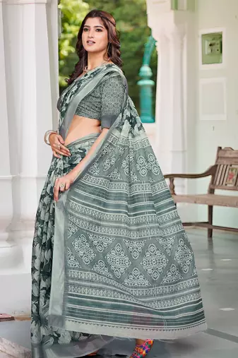 Green linen cotton saree