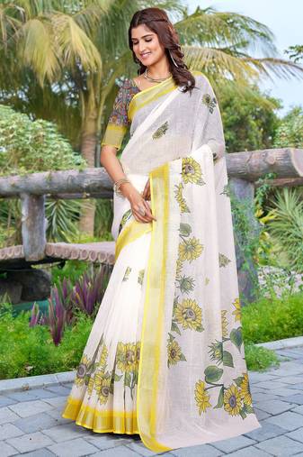 Yellow linen cotton saree