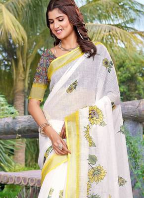 Yellow linen cotton saree 3