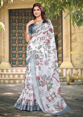 Cream linen cotton saree 1