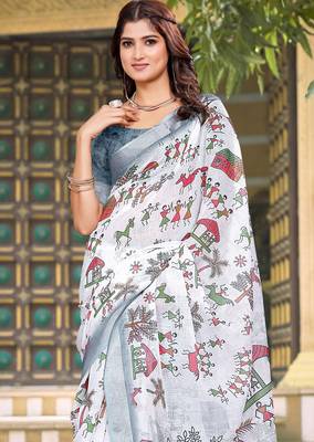 Cream linen cotton saree 3