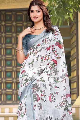 Cream linen cotton saree